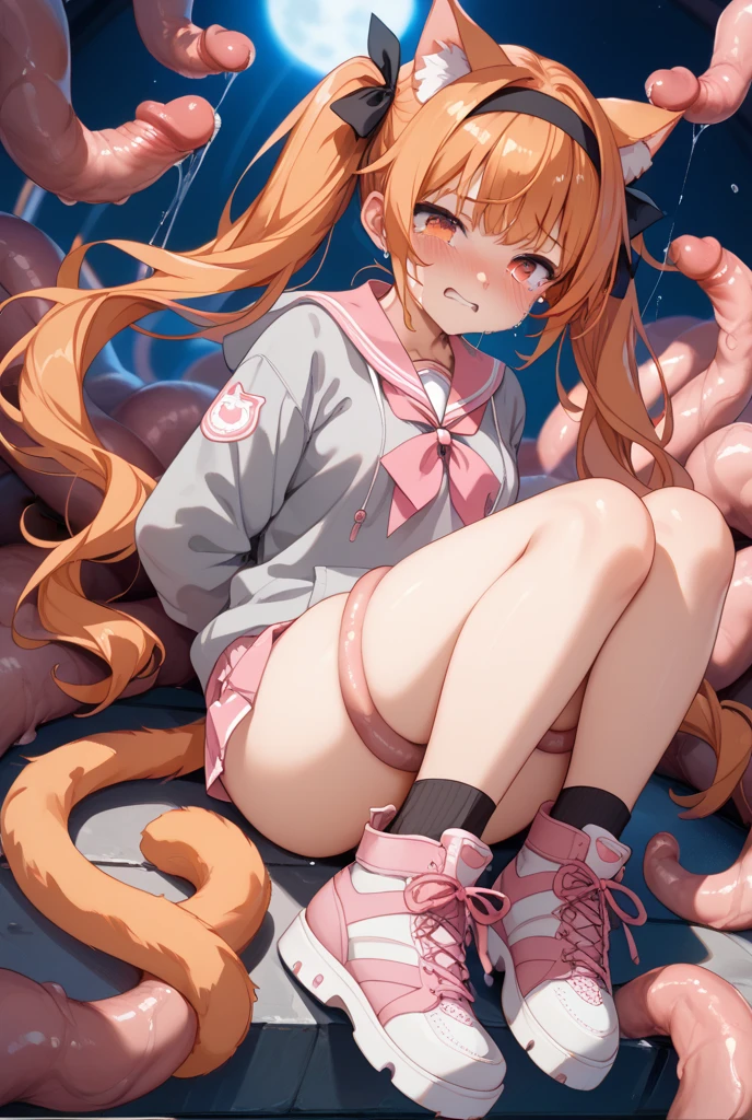 nsfw 2 girls (white school swimsuit, school swimsuit mixed with pink and white), female teenager, lolicon, blonde twintails, short black hair, white and red boots, torn costumes, a woman moaning, a large amount of Sweat, a lot of semen, a lot of heart effects, a lot of red and black thin tentacles, hands and legs bound by tentacles, body entangled in tentacles, pants, pussy, school swimsuit to help, breasts, climax, pleasant expression, white breath, Pussy and  being played with by tentacles, focus on ass, background is abandoned factory, dimly lit, highest quality, 4k, advanced, perfect