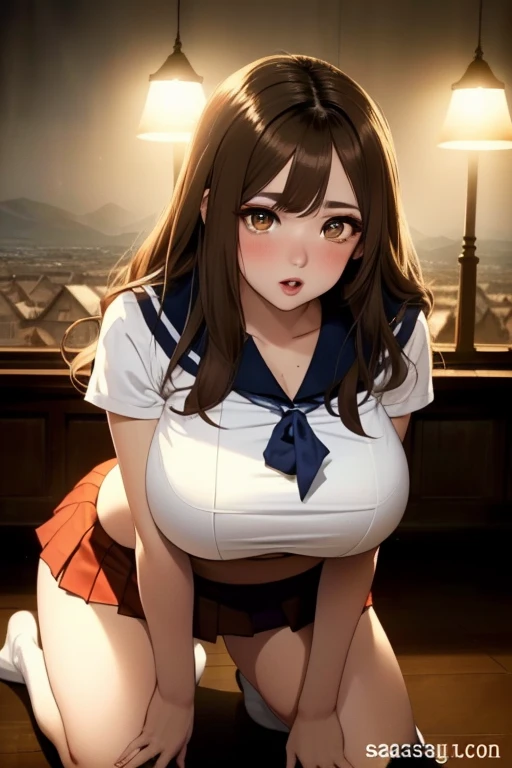 A beautiful girl sitting on a chair showing her panties, she lifts her skirt with her hands and showing them, (skirt lift:1.4), (presenting panties:1.8), red , ((Sailor suit tops, Sailor collar, White shirt, pleated mini skirt:1.3), (Knee-high socks:1.3):1.3), panties, (lace light blue panties:1.45), school classroom, Desk and chair in the background, big rounds breasts, (Beautiful and big breasts:1.3), dark brown hair, swept bangs, long hair, wavy hair, ponytail, expressive hair, shiny hair, hairclip, aqua eyes, (gradient eyes:1.3), glowing eyes, pupils sparkling, blush, bright pupils, glossy lips, embarrassed, (Very embarrassed look:1.5), slim waist, shapely legs, beautiful thighs, whole body, Angle from the front, from above, POV, anime CG style, high definition, natural light, high detail, anime, dithering, image fill, perspective, Wide-Angle, f/1.8, 85mm, Sony FE GM, 8k, 8k wallpaper, super detail, highly detailed CG, UHD, retina, masterpiece, accurate, anatomically correct, textured skin, highres, best quality:1.3, 16k