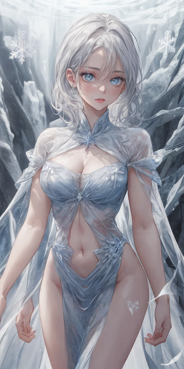 ((masterpiece )), (top quality), (best quality), ((ultra-detailed, 8k quality)), Aesthetics, Cinematic lighting, (detailed line art), 
BREAK, 
Smooth Movement, Attractive Pattern, One elf Girl, (Long Skirt with Sleeves:1.3), Cinderella Dress, , Strapless, , white Hair, Lace, Solo, Iceland, mountains of snow, Detailed Background,  (Crystallized AI, Crystal Theme:1.1), Elemental ice spirit, Spinning lance ice crystal, Control crystal ice, Ruby Clothing, Dynamic Pose, Airborne Particles, Ether Dynamics, icy, Steam, Dark Staircase, Ethereal Atmosphere, Darkness,
BREAK,
highly detailed of (elf), (1girl), perfect face, details eye, Bob cut hair, Blunt bangs, (hair between eye), blonde white hair, blue eyes, eyelashes, eyeshadow, pink eyeshadow, light smile, design art by Artgerm, by Kawacy, By Yoshitaka Amano,
BREAK, 
((perfect anatomy)), nice body, medium breast, extremely detailed finger, best hands, perfect face, beautiful face, beautiful eyes, perfect eyes, perfect fingers, correct anatomy, 
BREAK,
tree, lake, mountain, tundra, ice, mountains of snow, northern lights, blizzard, cold, frost, Broken Glass effect, no background, stunning, something that even doesn't exist, mythical being, energy, molecular, textures, iridescent and luminescent scales, breathtaking beauty, pure perfection, divine