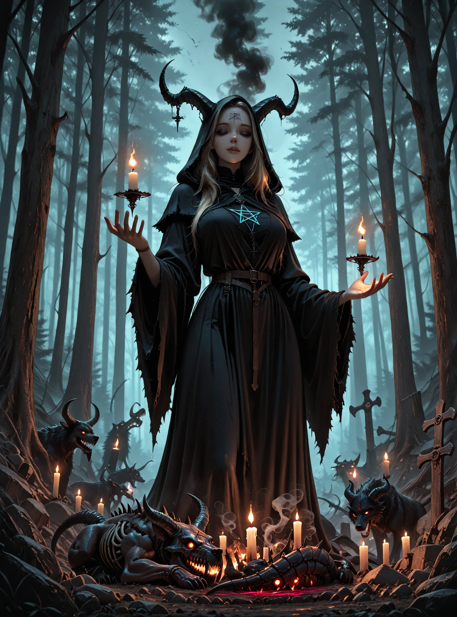 (a person wearing a black hooded robe and a satanism deer skull,holding a candle, look down,Away from viewers),(best quality,high resolution,gloomy,fear,satanism,Dark color scheme),Dim background,gloomy atmosphere,Flickering candlelight,creepy ambiance,Detailed robe texture,Dark and mysterious,The haunting shadow,Ghostly Breath,The eyes are sinister,The faint light of a candle flame, Camera angle, Photo-realistic, high resolution,