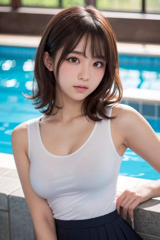 4K, Highest quality,Ultra HD,Very clear photos, 8k, (((One 45 year old Japanese MILF 1.5))), ((Blonde 1.8)),((Sweaty 1.5)),((Glowing Skin 1.4)),((Thighs)), ((valley)), ((White sleeveless top 1.5)),((Black mini skirt 1.5)),((Mature sexy woman 1.4)), (Sexy Aunt),Adult sex appeal, whole body, bangs, Realistic,((Small breasts 1.1)), ((Night pool background)),Slender beauty, Beautiful pose, Photo session、smile、Straight hair,