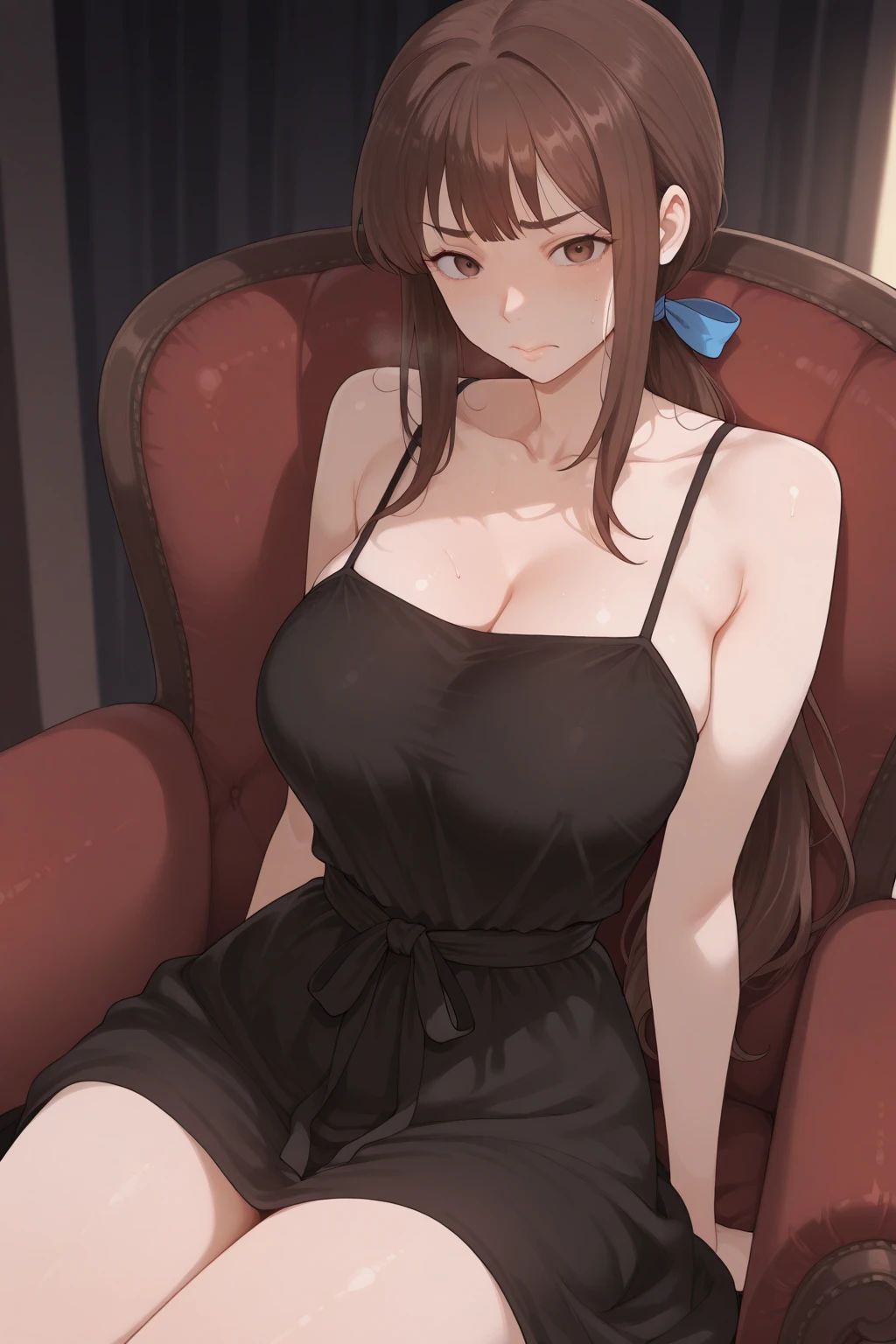 Waiting sitting in a black gala dress