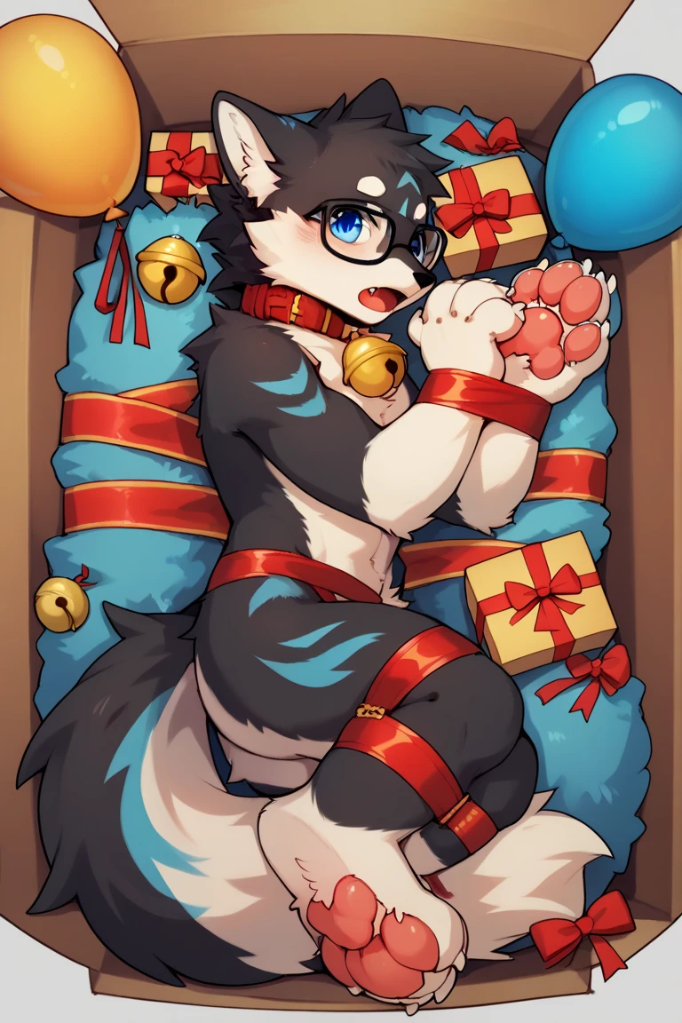 A photo of a cute wolf,it's a young heterosexual adult,Holding a box of Valentine's Day chocolates,Looking at the audience with a shy expression on his face. The image needs to be super cute in 8k
