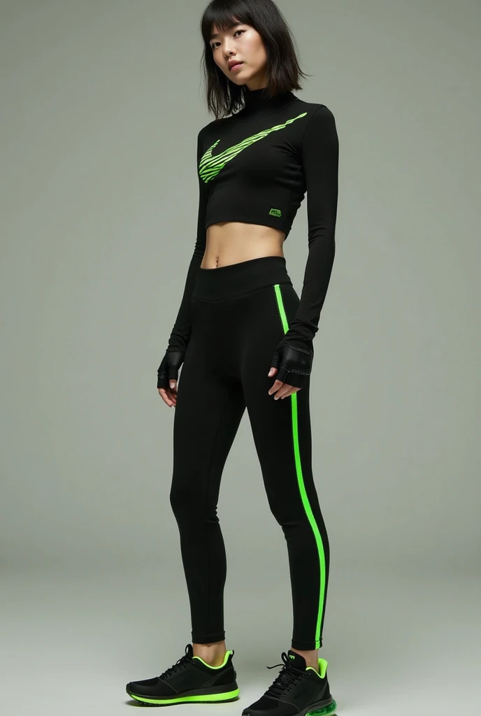 A woman sitting on a stool wearing a black top and green pants, back pose, roupas esportivas, roupas esportivas, Leggings, usando roupas pretas apertadas, voltar - ver, Pose casual, pose lateral, Leggings Pretas, pose pensativa, De volta virada, Leggings pretas, squatting pose, 2 mulheres techwear, do lado, Fotografia de uma mulher techwear