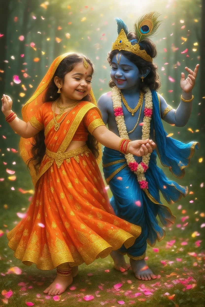 Goddess Radha and Lord Krishna as childs playing in the garden , Indian God, 8K render, facing towards the viewers