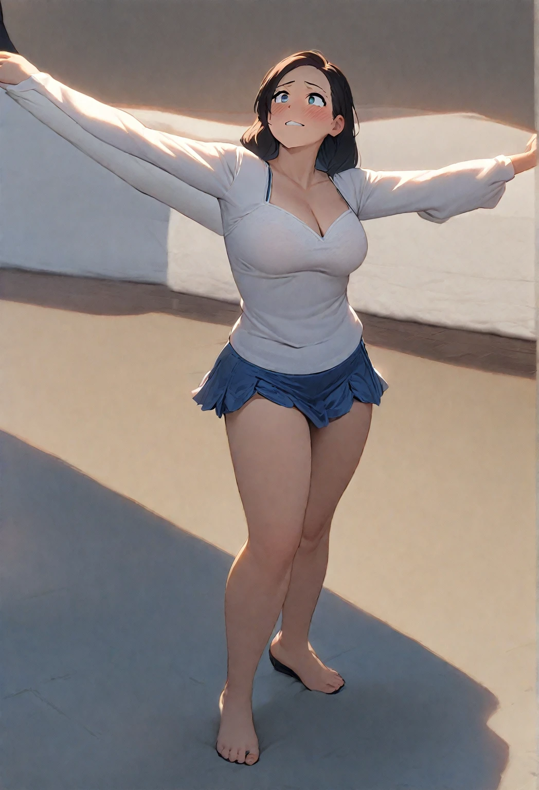 front shot, 1girl, kawaii, (super big breasts, micro waist, very long legs:1.3), Black hair, short bob hair, short height, scrawny and thin body, cute big eyes, cute beautiful thin face, cute smile, visible ribs, athletic