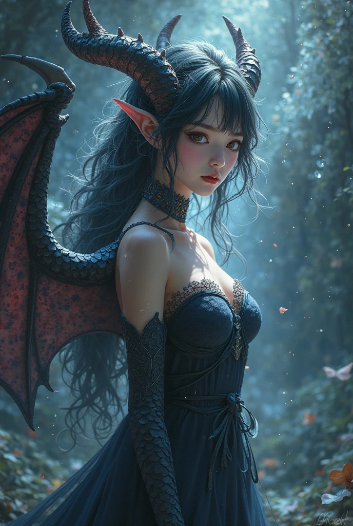 (UHD, retina, masterpiece, accurate, anatomically correct, textured skin, super detail, high details, high quality, best quality, high res, 1080P, HD, 4K, 8k, 16k), (beautiful detailed eyes, beautiful detailed lips, extremely detailed eyes and face), soft lighting, physically-based rendering, vivid colors, (large breasts:1.5), (portrait, shiny hair, shiny skin, blush), eye reflection, witch, (witch forest, bokeh), (dragon head, dragon wings, dragon tail, fog:1.5),