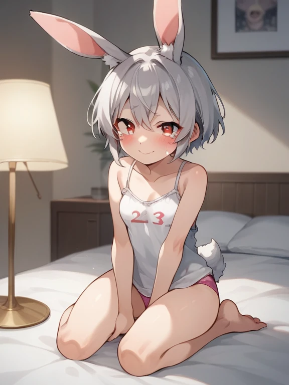 ((Masterpiece)),((Best Quality)))), (High Quality, Breathtaking),(Expressive Eyes, Perfect Face), One Boy, Solo, Male, Short, Young, Little Boy, Short White Hair, Red Eyes, Smile, Blush, Butt Focus, Spread Legs, Bunny Girl,