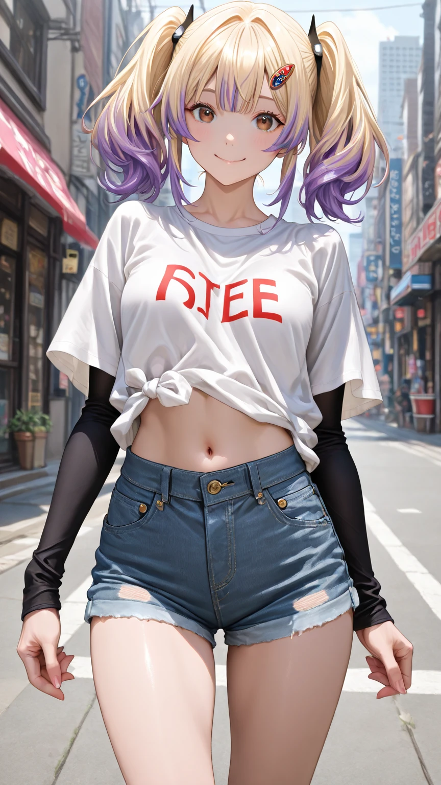 Kujou Sara Genshin Effect, masterpiece, bestquality, 1girls, oversized breasts, bara, Suit shirt, Long Jeans, choker, (Graffiti:1.5), Splash with purple lightning pattern., arm behind back, against wall, View viewers from the front., Thigh strap, Head tilt, bored, water eyes,