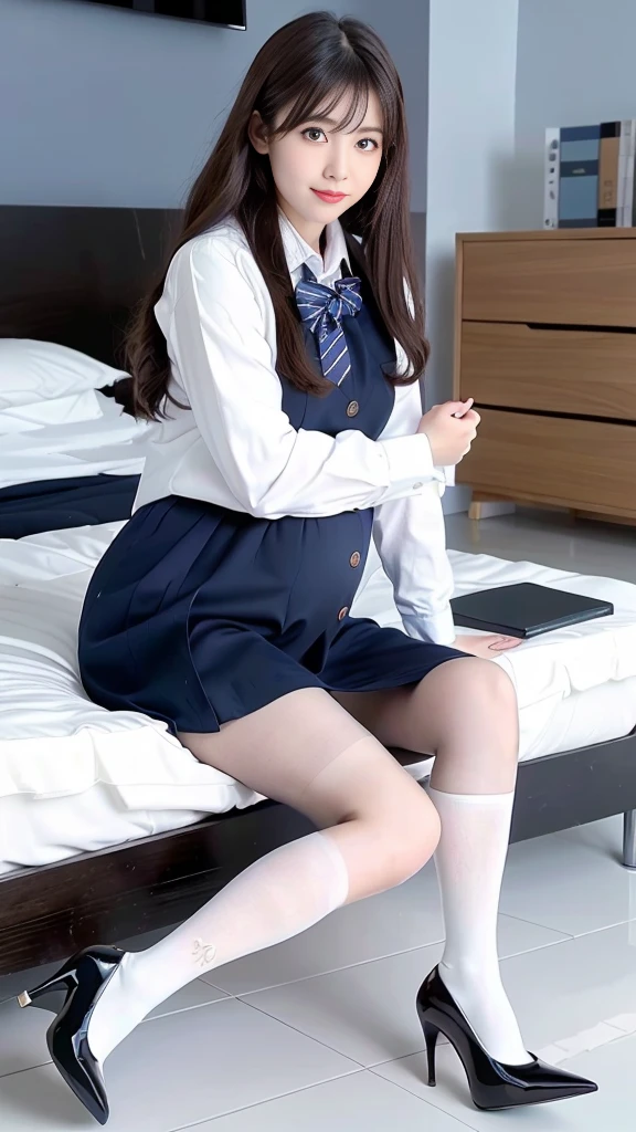 There was a woman lying on the bed，Still wearing a skirt, a hyperrealistic school girl, hyperrealistic school girl, realistic school girl, cute female student, sit on a bed, she's lying on her back, dressed as schoolgirl, sitting on her bed, sit on a bed, Lie on your back on the bed, composed of a female student