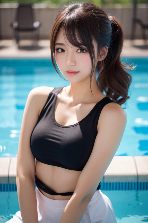 (best quality, masterpiece:1.3), (actual, photo actual:1.3), ultra high resolution, ultra high definition, Extremely detailed CG unified 8k wallpaper, (actual skin, Delicate skin), (perfect anatomy), (official art, Beautiful and beautiful), (generous smile:1.3), (seductive face:1.3), (korean woman:1.3), alone, depth of field, luxury swimming pool,(big breasts:1.1),(cowboy shot:1.5),(swimsuit:1.3), (naturally look at camera:1.3), (blunt bangs:1.5), (ponytail hairstyle:1.3)
