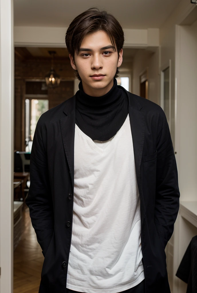 Young  Boy, black hair, black eyes, blue high-neck blouse, white Men's shorts .