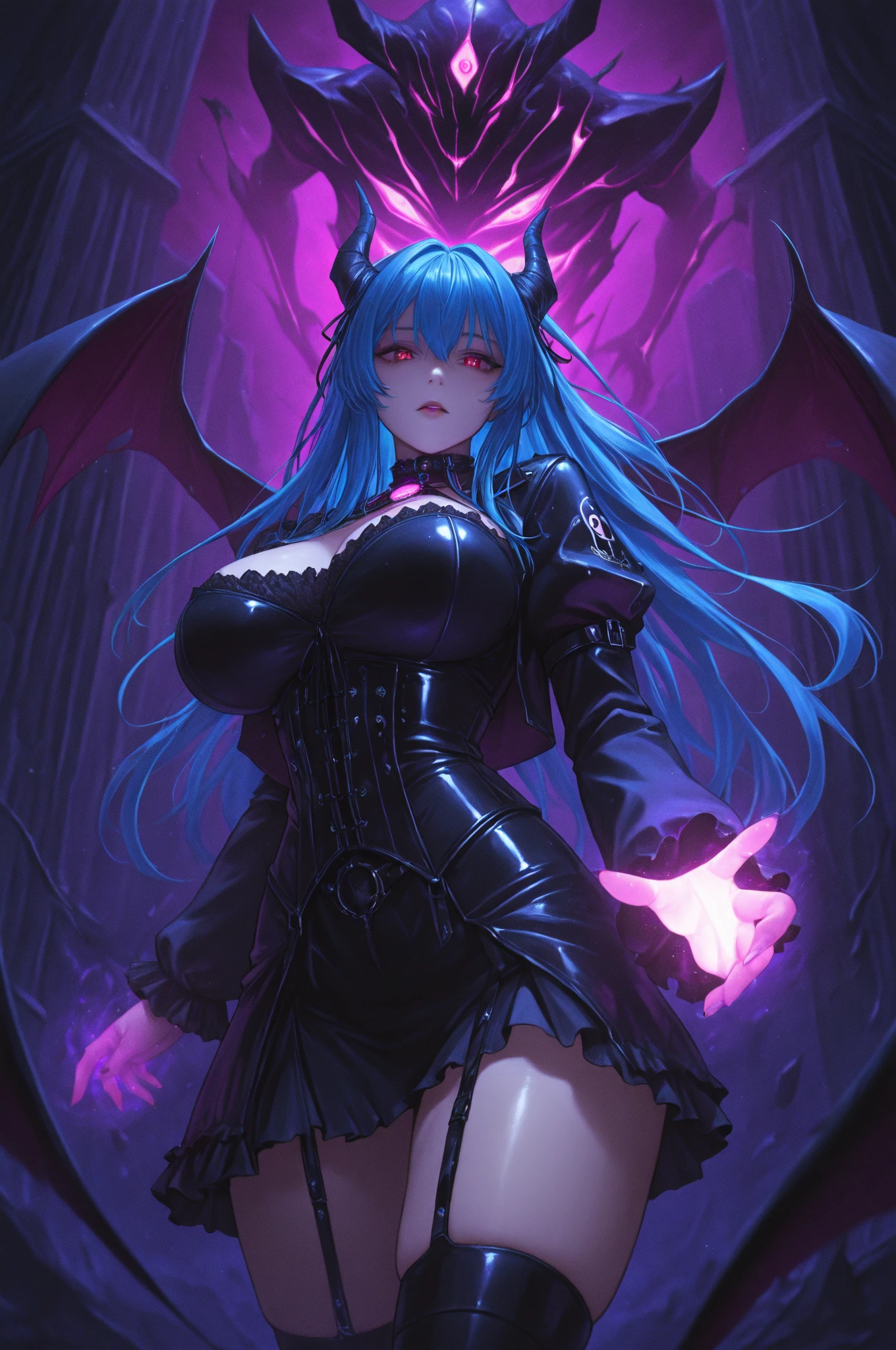 (demon,witch,big breasted:1.1,sexy pose,sexy dress:1.1),oil painting,glowing eyes,dark atmosphere,vibrant colors,haunting beauty,soft shadows,ethereal glow