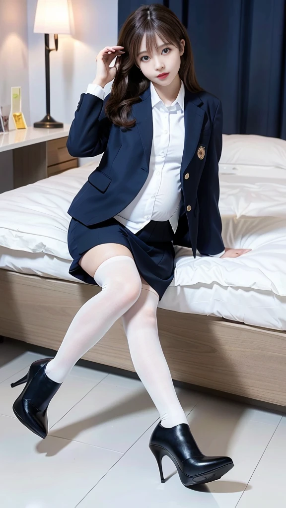 8K、High resolution、masterpiece、(Realistic:1.5)、In detail、Fine texture、High Contrast、alone、Natural body shape、White skin、Natural Makeup、Black Hair、(bangs:1.2)、Straight Long Hair、、Roll up your sleeves、White collared school shirt、(Navy blue pleated skirt:1.3)、、(Big Breasts:1.3)、(Small size pure white panties:1.5)、(The upper body is wearing a uniform:1.4)、Bedroom、On the bed、(White socks)、Full body photo、Focus on the groin、(Lift up the skirt:1.3)Sitting、(Cleavage)