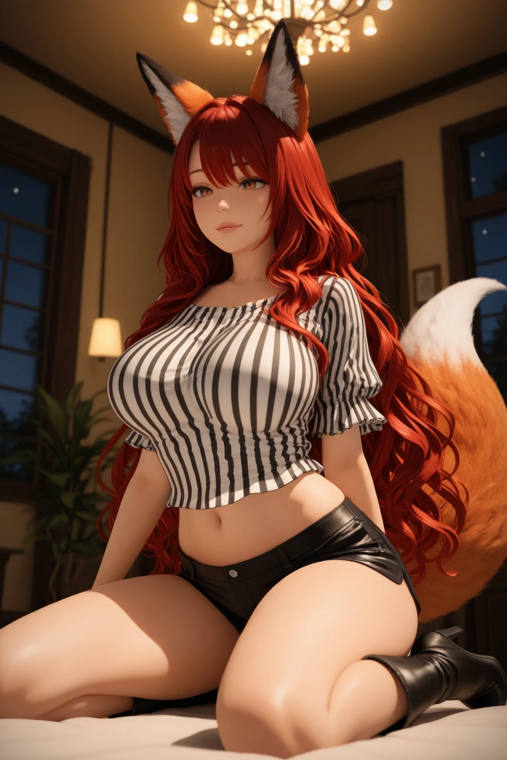 beautiful girl 20 years old with tiger ears orange blonde hair with highlights. flequillo. beautiful face detailed amber yellow eyes shiny tanned skin tiger tail . pechos grandes desnudos desnudos sin bragas desnuda. fondo una cama desnuda
