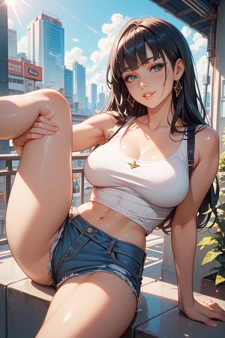 1 girl, nonsense, high resolution, extra sharp, 8k, Masterpiece, city background, looking at the audience, thigh, chest, big chest, chestข้าง, long hair, colorful hair, put on makeup, tank top, ear piercing, hair accessories, white panties,