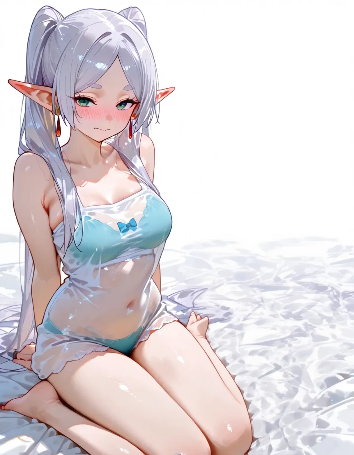 In the style of Claude Monet, Impressionism, 1 girl, focus on upper body, (White camisole dress), 14 year old, Full body Esbian, silver short hair, pool, Wet, ((Curtsey)), elf ears, through the nipples, See-through, swollen nipples, bare chest, {{{Vulgarity}}}, chest focus, spread your legs、red lip