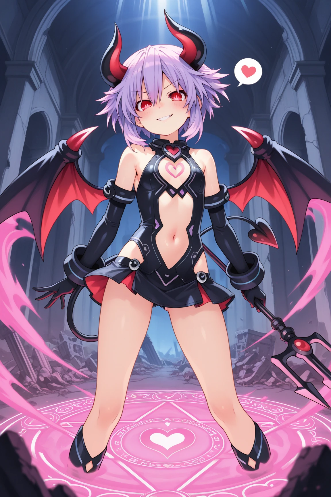 (masutepiece, Best Quality),1girl, tail, wings, demon-girl, horns, solo, demon-tail, thighhighs, pointy-ears, weapon, o-ring, purple-hair, demon-wings, swimsuit, open-mouth, thigh-boots, jewelry, shorts, navel, holding, looking-at-viewer, boots, bracelet, flat-chest, detached-sleeves, o-ring-top, holding-weapon, demon-horns, blue-eyes, short-hair, skull, colored-skin, black-bikini, black-footwear, fang, short-shorts, full-body, black-thighhighs, faux-figurine, bare-shoulders, dark-skin, micro-bikini, blush, bangs, dark-skinned-female, highleg, tail-ornament, holding-sword, two-side-up, fur-trim, knife, bikini-top-only, aqua-eyes bone, black-shorts