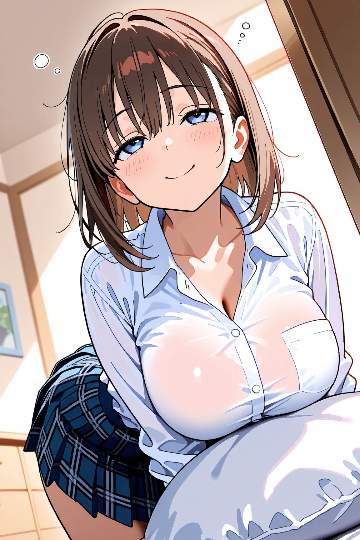 1 girl,highest quality,Super high quality,highest quality,anime characters,beautiful eyes,Detailed contours,big breasts,spread your legs,messy hair,from directly above,sweat all over,brown hair,beautiful big breasts,I'm climaxing,Delighted,Nipples seem to be visible but not visible,,on the bed,white Y-shirt,school uniform,Exposed shoulders,Angle from above,upper body only,Topless,Nipples are fully visible,Full view of pussy,smile,spread your legs,sticking out the tongue from the mouth,