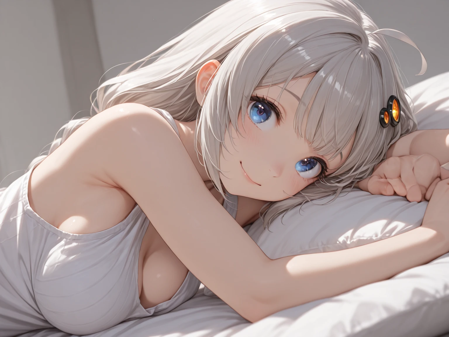 (Best Quality,High resolution,8K,finelity detailed background,Masterpiece:1.2),beautiful girl,Glossy romance gray hair,messy hair,Gray Eyes,Gentle look,A refreshing look,Best quality,Best Quality,Aesthetic and aesthetic:1.2,Best details((Super detailed))(High-definition CG illustrations),Dark gray underwear (gray,intricate lace),Slender body,Late Night,Moonlit Night,Bedroom,On the bed,smile,blush,cute,Scrounge,Looking up,Being spoiled,super model,on back,shoot from above