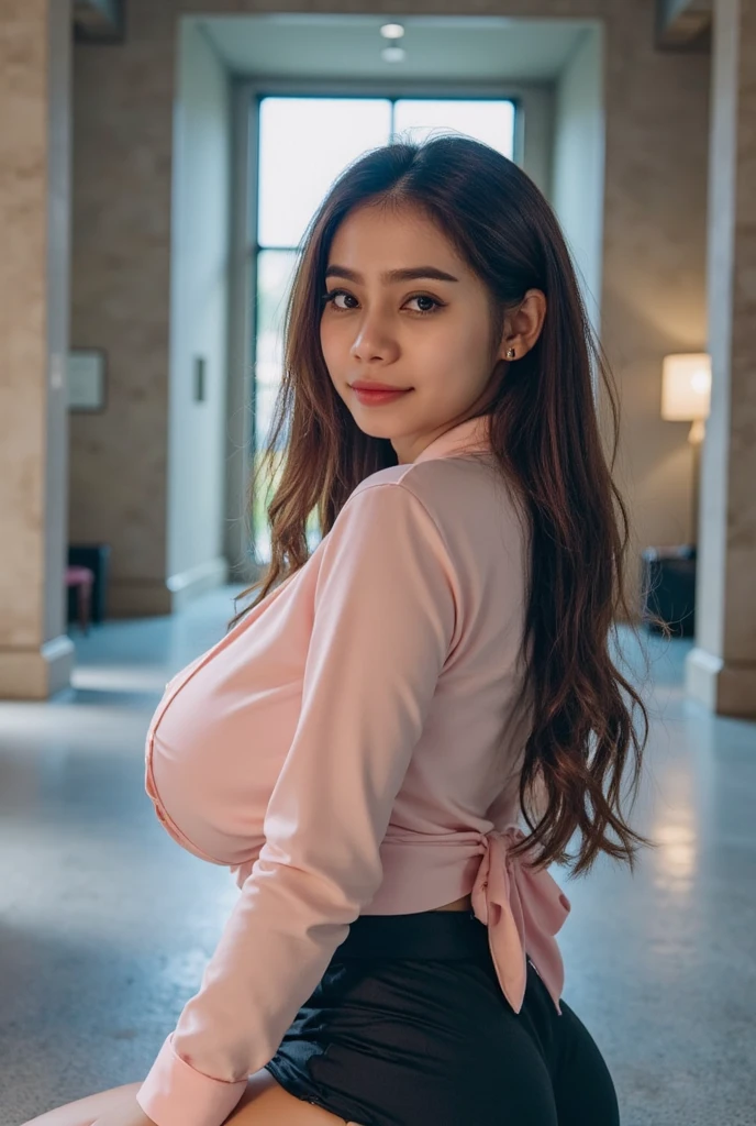 ((Thai Women)),(pink colored v-neck sweater:1.3),(shopping mall:1.3),(highest quality, 8K, masterpiece:1.3),(huge breasts:1.5),((highponytail)),(forehead),((Tight plaid skirt:1.2)),tanned skin,thin waist,watch,(mole under eye)、(biologically correct hand)、smile cutely、Ring earrings、(((full body shot view))),