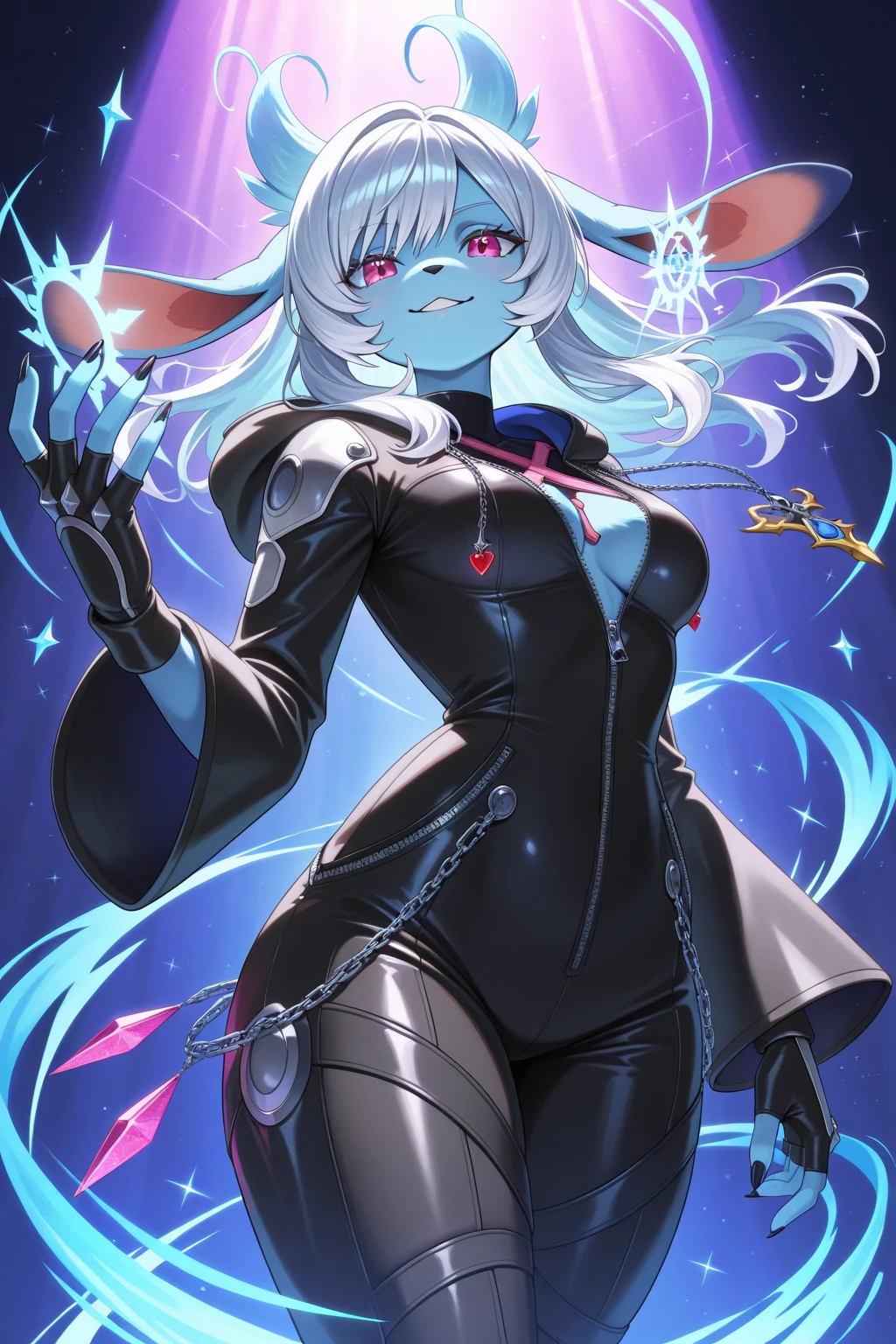 ,flat chested, flat stomach, tiny body, small stature, high quality image of an anime-style girl, the girl has a very thin body, the girl has short legs, the girl smiles provocatively, the girl has white skin, the girl has very small breasts, The girl is slightly blushing, the girl has little ears, the girl has white hair, the girl has short hair, the girl is posing sexy, the girl is wearing a purple leotard with ruffles, the leotard does not cover her the girl arms or legs, the girl's eyes are bright red, The girl is smiling, the girl has full of spikes on her back, the girl has very marked black eyeliner, the girl's expression is provocative, The background of the image is a garden at night with luminous ghosts,