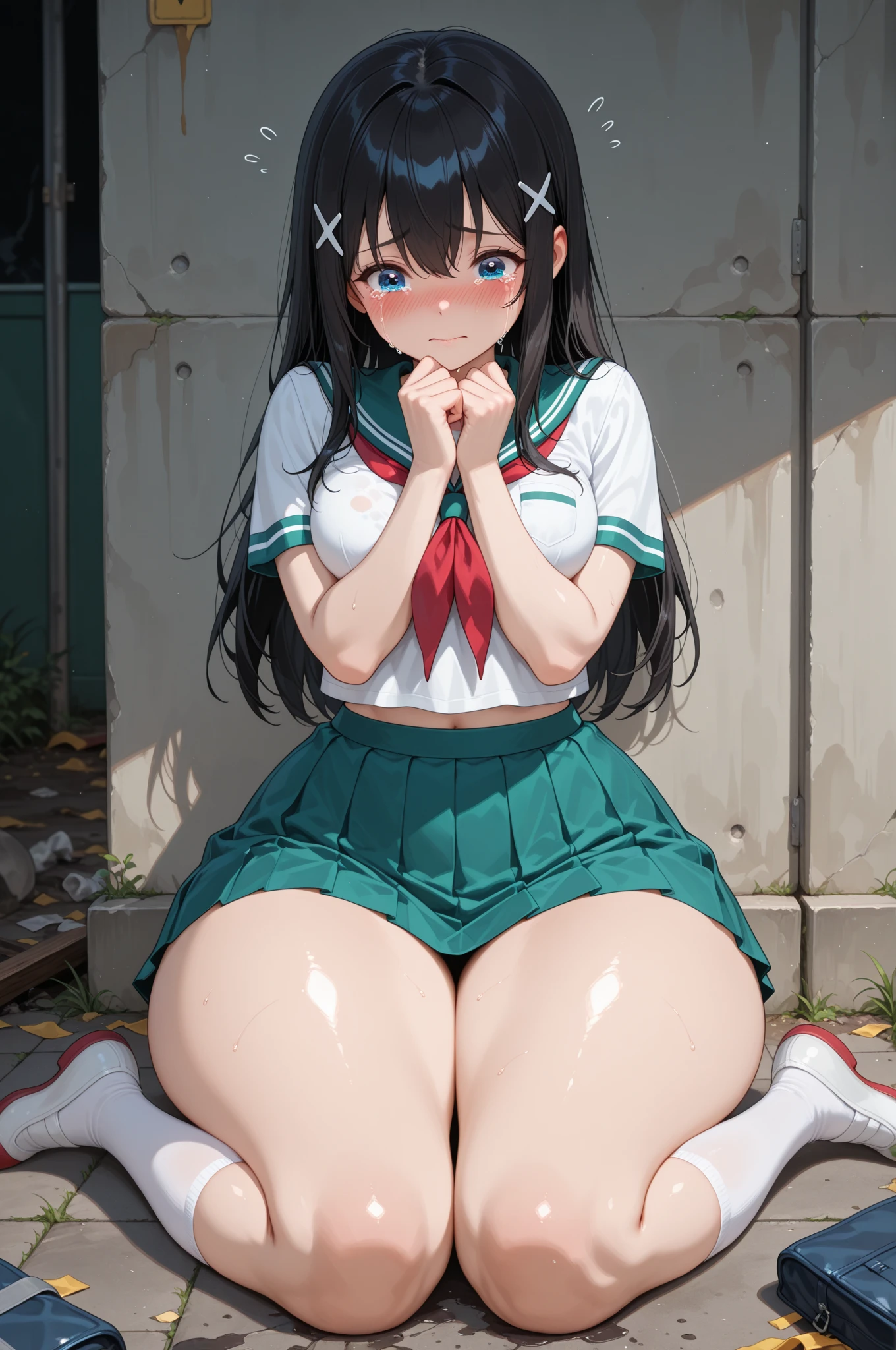 (masterpiece, best quality:1.2), cowboy shot, solo, 1girl, yukinoshita yukino, ((smile face:1.4)), ((looking at viever:1.4)), ((black tank logo:1.4)), ((Sky from above:1.4)), ((black panties:1.4)), ((full body)), ((sitting on grass)), ((underboob:1.4)), outside, ((blushing:1.4)), ((armpits)), ((hands behind head:1.4)) ((school shoes:1.4)), ((black short socks:1.4)),