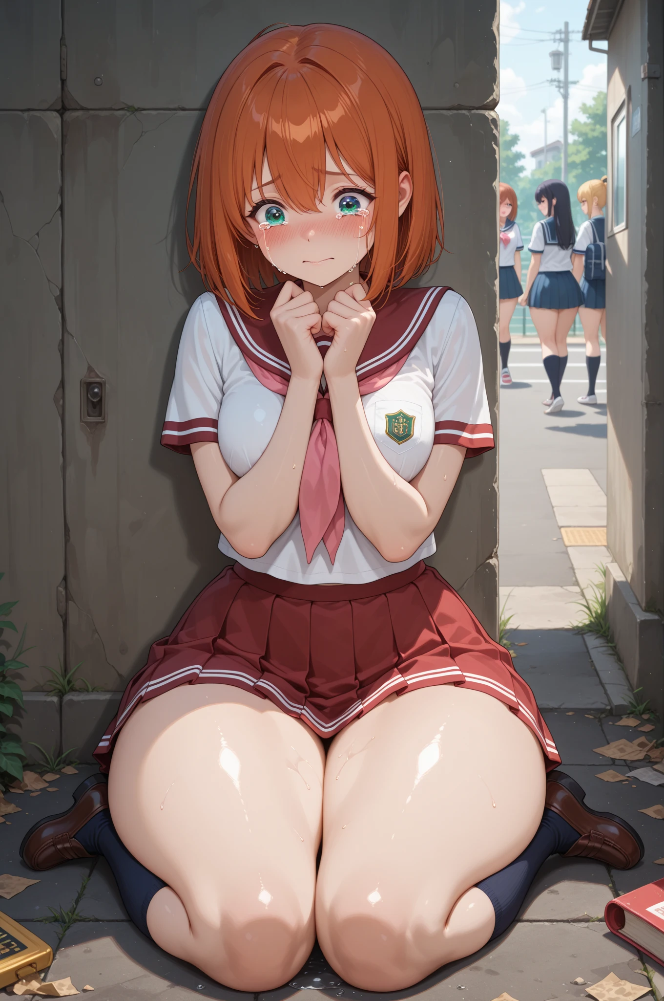 debris flieasterpiece、highest quality、Super detailed、High resolution、High resolution、8K portrait、Unity 8k壁紙のHigh resolutionCG、unity 8k wallpaper、cute:1.5、:1.5、Highly detailed CG unity 8k wallpaper、realistic、real person、cute、 portrait photography、shiny skin、High resolution、Orange bob hair、(16 years old:1.2)、(1 girl)、(classroom:1.6)、(school uniform),perfect face, seriously, (blush:1.5),(((clothing lift:1.5))), (medium breasts:0.8),(((I have nipples))) ,Detailed description vagina,show vagina,spread legs,spread ,((vaginal orgasm:1.7))、green rabbit ears ribbon