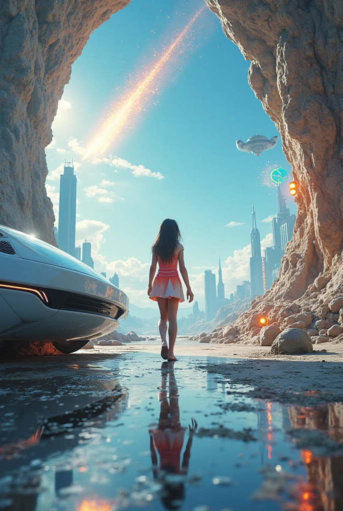 brightly colored abstract image of a space station with a spiral, epic beautiful space scifi, chaotic cinematic space rift, greg beeple, (((((flying cars, 1drone))))), planets colliding, beeple and tim hildebrandt, beeple and jean giraud, end of the universe, galaxy space sci-fi, ringworld, by Mike "Beeple" Winkelmann. Matrix style, (((((Matrix cascading code))))), (((((a futuristic twin tower skyscraper with a unique twisted design))))), (((((OLED GUI interfaces in the building))))), at night, (((((1girl, solo))))), photo realistic, (((large-breast:1.2 slim body, cleavage))), (((off broken mini sling-shirt and black sling bra, extreamly short pleated miniskirt exposing panty))), (((((running pose))))), (((((((matrix style black micro sunglasses))))))), ((((((((((aiming with a short gun)))))))))), (((((looking at camera))))), (((very low view))), (((((half-body thigh level medium shot))))), (((cinematic lighting))).