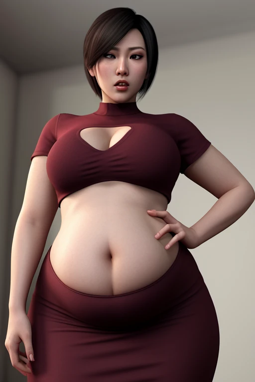 (melhor qualidade, Obra de arte, perfect lighting, florescer, cinematic lighting), vestido longo vermelho, cabelo preto, corar, cabelo curto, athletic night, volumetric lighting, Ada wong, olhando para o espectador, very fat, massive ass, fat belly, big , bbw, fat like a whale, comendo um hamburguer