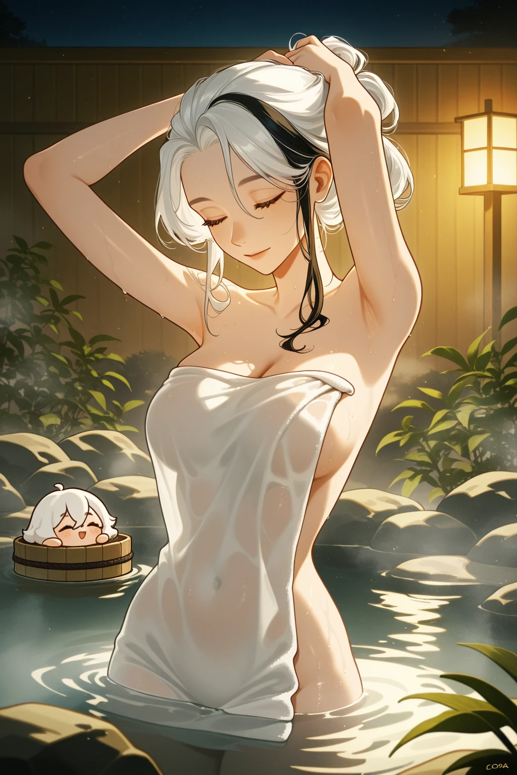 1girl, White hair, red color eyes, sportrait, photorealestic, Towels, (onsen), sidelighting, wallpaper, nsfw,