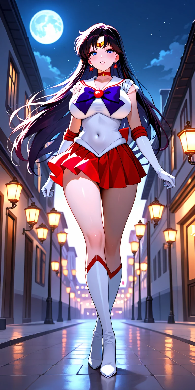 (Masterpiece), Best Quality, ultra-detailed, 1girl (SMMars, Slender and sexy body, lovely breasts, dark skin, black hair, very long hair, red eyes, half-closed eyes), evil face, smirk, parted lips, mascara, full makeup, black eyeshadow, red lipstick, solo, facing viewer, looking at viewer, black latex leotard, purple pleats skirt,  ultra mini skirt, elbow gloves, heart, heart brooch,jewelry,purple bow, purple choker, red gemstone, purple sailor collar, shirt, short sleeves , full moon, outdoor, fog, standing, Sexy waist teasing