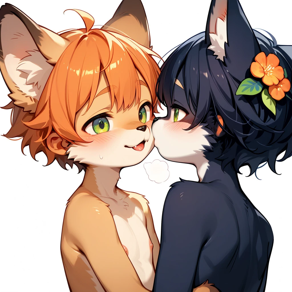 Dog boy and fox girl,4K quality,high resolution, Holding hands,A sweet, melting kiss,tongue, Drooling,Wear a red collar,Crying loudly,