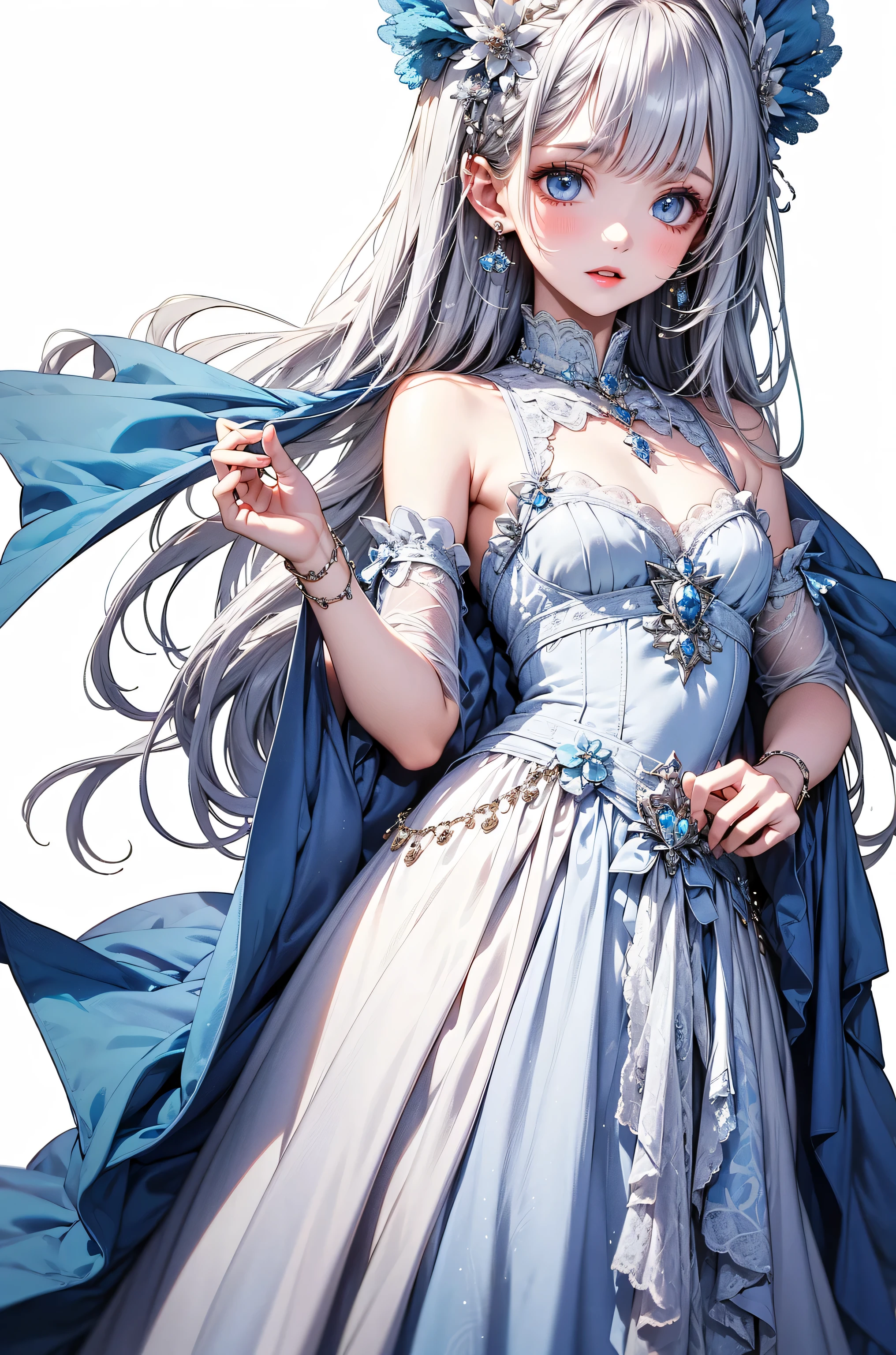 high resolution, best quality, masterpiece, ultra high definition, ultra high definition, ultra realistic, 3d, anime, illustration, background kaleidoscope, solo, beauty cute lady, big glossy blue eyes, glossy gray long wavy bob cut, gentle smile, full body, perfect best proportion, 10 heads tall, thin lace camisole dress and shawl