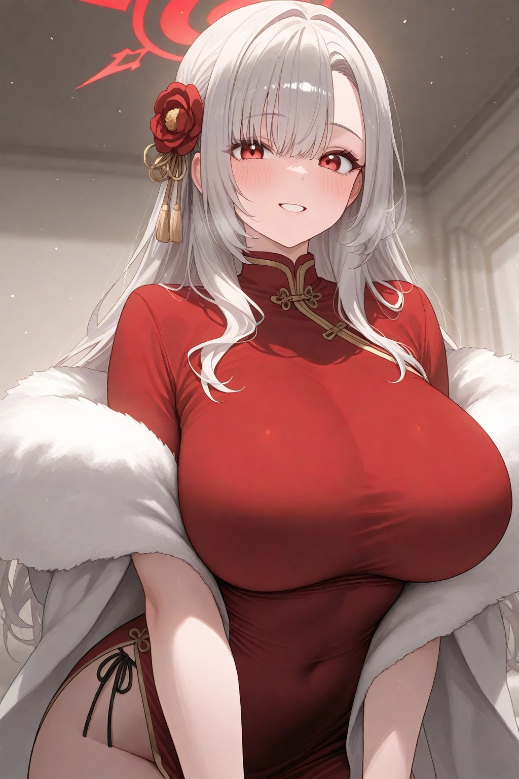 "4K, A dark ruin with no light., There was a mature and elegant woman., white hair, half braided hair, black eyes, Big breasted, wearing a magic  and a red robe., She looks cool, She has a seductive smile.."