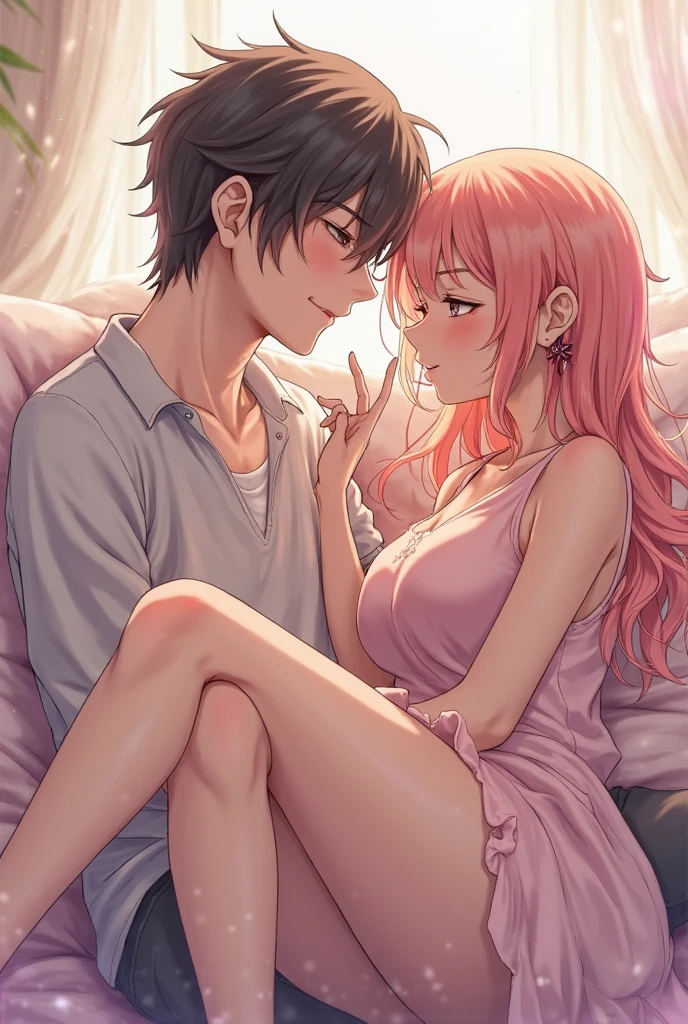 A cute girl snuggled into a handsome boy's arms, beautiful detailed eyes, beautiful detailed lips, extremely detailed face and eyes, long eyelashes, intimate couple in love, romantic soft lighting, warm pastel colors, cinematic composition, photorealistic 8k, masterpiece, intricate details