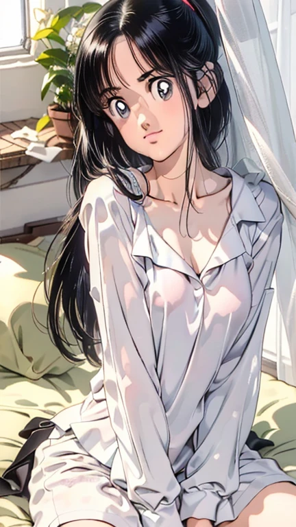 ((Masterpiece)), ((Best Quality))), ((Ultra Detailed)), ((Illustration)), a girl, with long black hair and white skin, lying on a hospital bed, in a hospital gown, with her eyes closed, dying