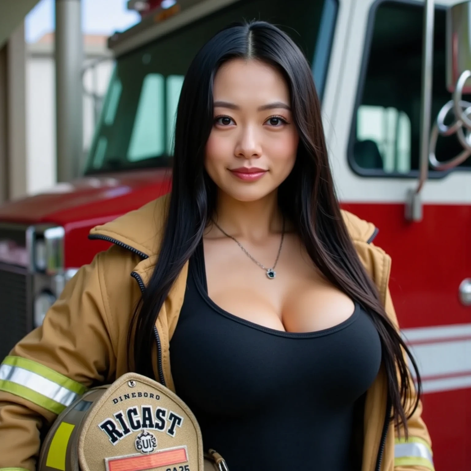 (A hyper-realistic), (Increased resolution), (in 8K), (Extremely detailed), (Beautiful and detailed eyes), (Best Quality), (ultra-detailliert), (masutepiece ), (Detailed face), Solo, 1 girl in, Fine details, ((firefighter、helmets、bra very:1.3))、Show yourself underwear、((from the thighs up))、frilled bra、tits out:1.3、Look at viewers、Happy smiling face