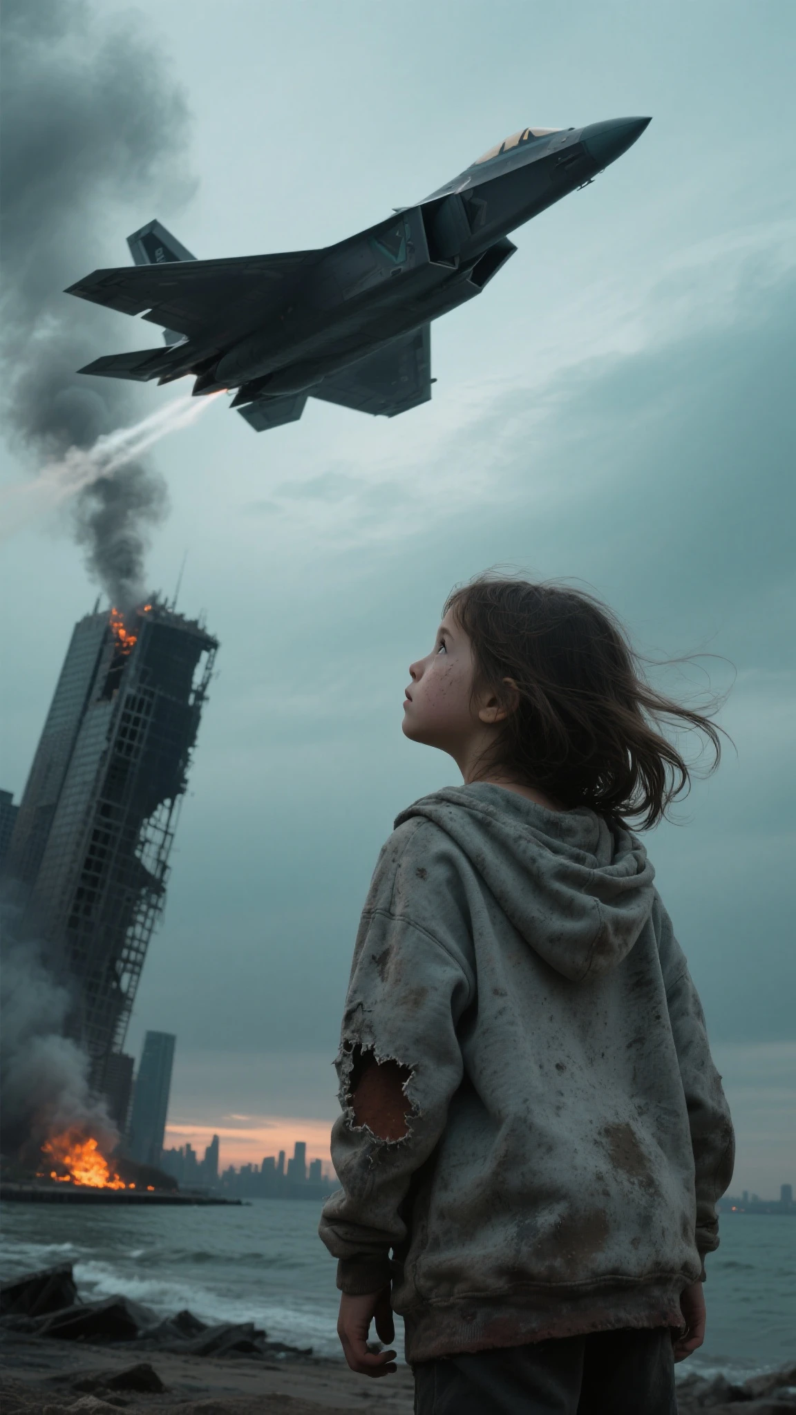 A striking scene of a 20-year-old girl standing in front of the wreckage of a massive spaceship. Her clothes are torn apart, revealing her toned and muscular body, a testament to her struggle for survival in the unforgiving environment. The spaceship lies on its side, its once-glistening metal surface now scarred and dented, with huge chunks of debris scattered around it. The girl's piercing green eyes are fixed on the wreckage, her face etched with a mixture of determination and fear. Her long, raven-black hair flows freely around her shoulders, tangled and matted from the harsh conditions. The ground they stand on is covered in ash and debris, with large craters and piles of wreckage serving as a reminder of the catastrophic event that led to this moment. The sky above is a hazy shade of red, lit up by the distant glow of fires in the distance, further emphasizing the desolate and apocalyptic atmosphere. Despite the devastation around her, the girl radiates an aura of resilience and strength, her every breath a testament to her will to survive.