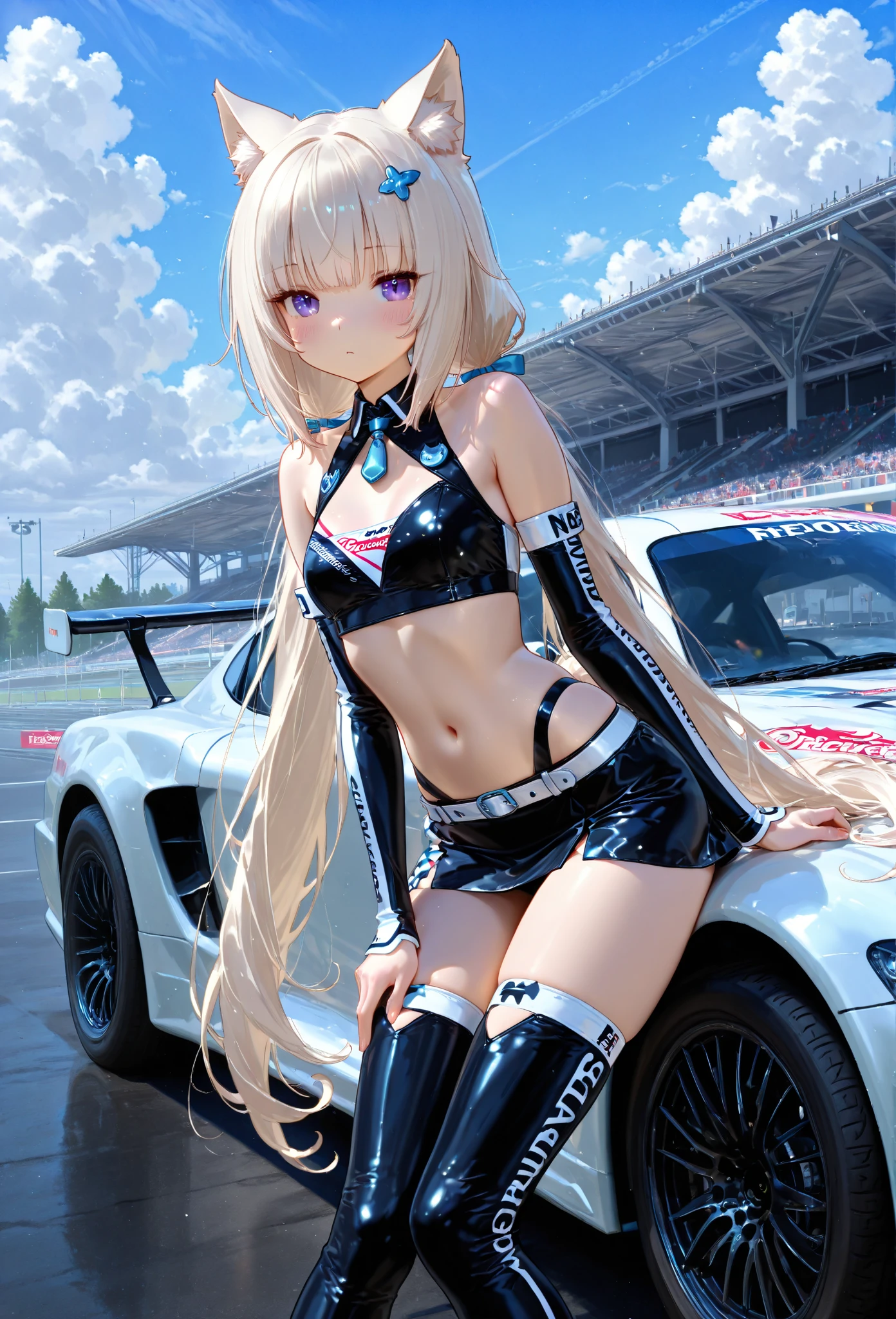 High resolution, Adult female , Good lighting, Despicable, , (No nudity), (((Race Queen Uniform))), (()), (((Leather thigh-high boots))), (garter belt), Abdominal area only, (Wet shorts),  ,  Cute Face, I&#39;blush with embarrassment, Humiliating, ((Looking Back)), ((mini skirt))()(Thong)