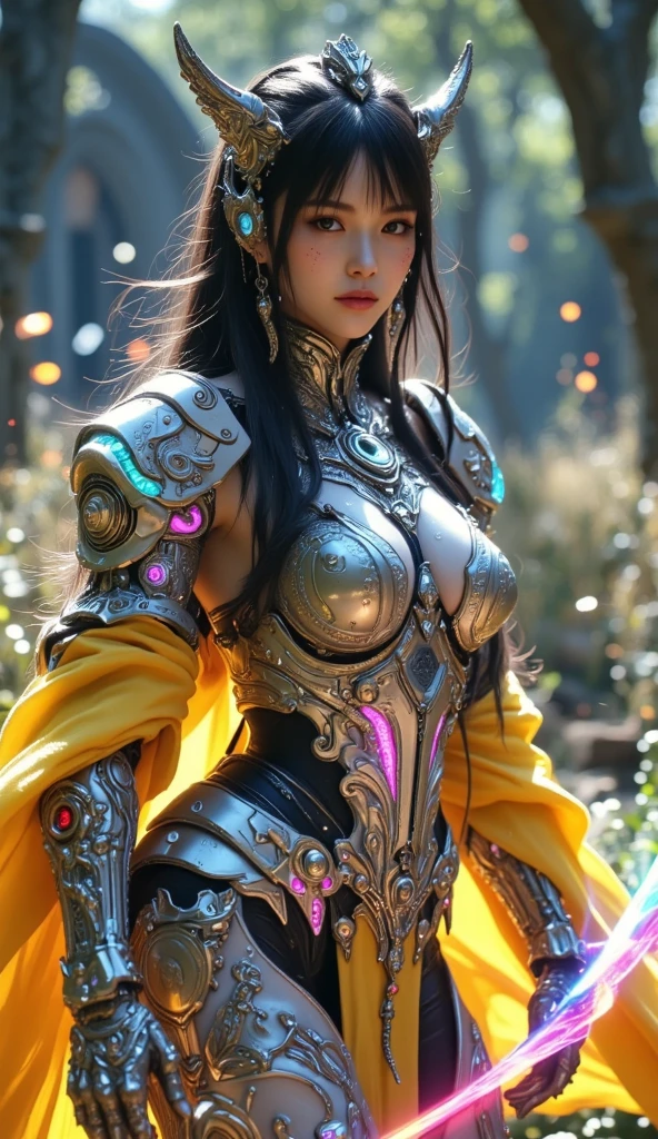 best quality, masterpiece, Ultra-high resolution, (Realistic:1.5), original photo, 1 girl,versace Off-shoulder Kimono Mecha Paladin Future Armor, in the darkness, Deep shadows, Low profile, Cold Light, sexy look, long hair,Mix Girl,Yinglaite, Half-length photo,NSFW, warm lights, dramatic light, (intricate details:1.1), complex background, (rutkowski:0.66), (teal and orange:0.4)