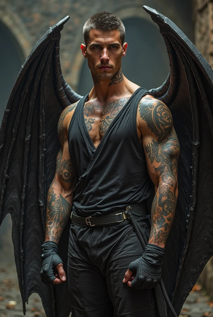 It has large black wings、Macho、Shaved head、manly、White dragons lined up、Brown skin、Torn clothes、Hairy、Pectoralis major、Abdominal muscles、Natural disaster、Your body is wet、thunder、Highest quality、high resolution、Mysterious Space、looking at the camera、full moon