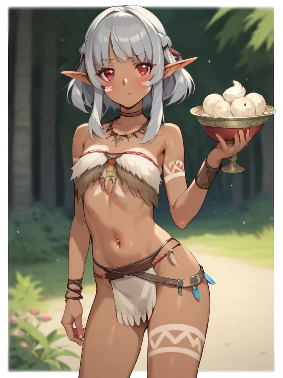 A naked girl with a goat's head, black hair on the lower half of her body, and hooves on her feet,Extremely thin body,Small breasts,Beautiful nipples,Crouching pose,Very long arms,Long, pointed claws,Black realistic goat face,Goat Eyes