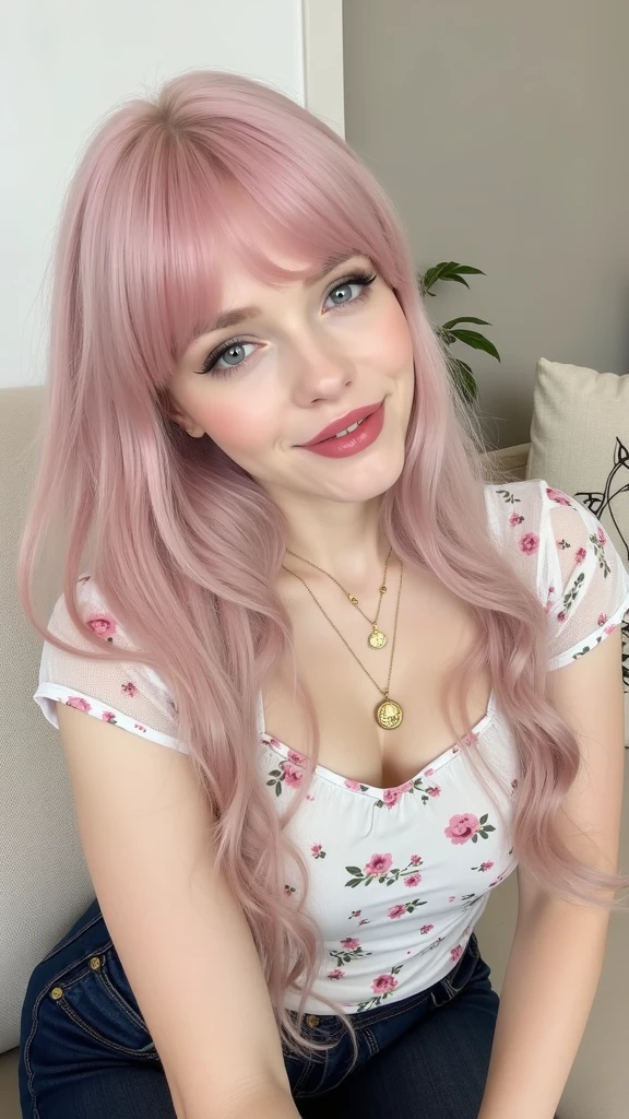Loren Gray in sexy 90s style clothes with lipstick and smiling