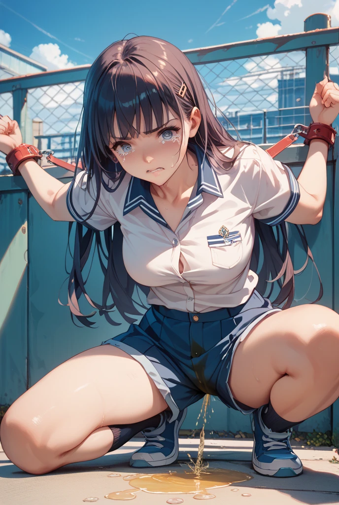 hmharuna, ((masterpiece)),((best quality)),((high resolution)), ((ultra-detailed)),old style school swimsuit, one-piece swimsuit, Navy blue school swimsuit,Iron collar, 1girl, Solo, disdain,disgust,blush, squatting, (arms behind head), spread legs wide,from front,((concrete background)),in a cage,((caged)),prison,basement,perfect anatomy,barefoot,