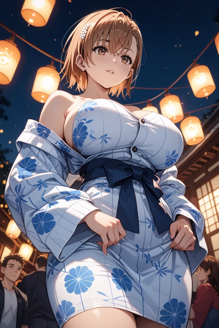 Anime style, super fine illustration, highly detailed, beautiful detailed, pale tone image, static representation, gentle expression, 8k, pretty 1girl with blonde straight short hair & blue eyes & a bright smile & huge breasts & nipples & soft fair skin is wearing the yukata, night fairs of Japanese festival is background, neon, brilliant particles of lights, romantic stories, solo, perfect fingers, perfect arms, perfect legs, masterpiece.