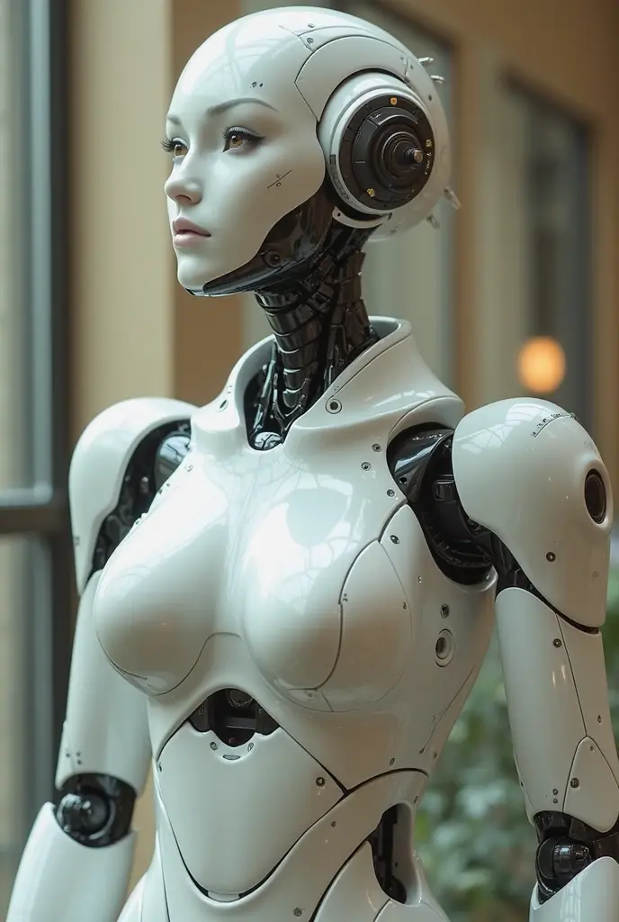 there is a robot sitting on the floor in a bedroom, futuristic robot body, robotic body, close-up of a robot sitting down, beautiful alluring female cyborg, female robot, pregnant female cyborg, full body robot with human mask, dominatrix robot, posing robotically, an image of a beautiful cyborg, robot body, mechanical robot body