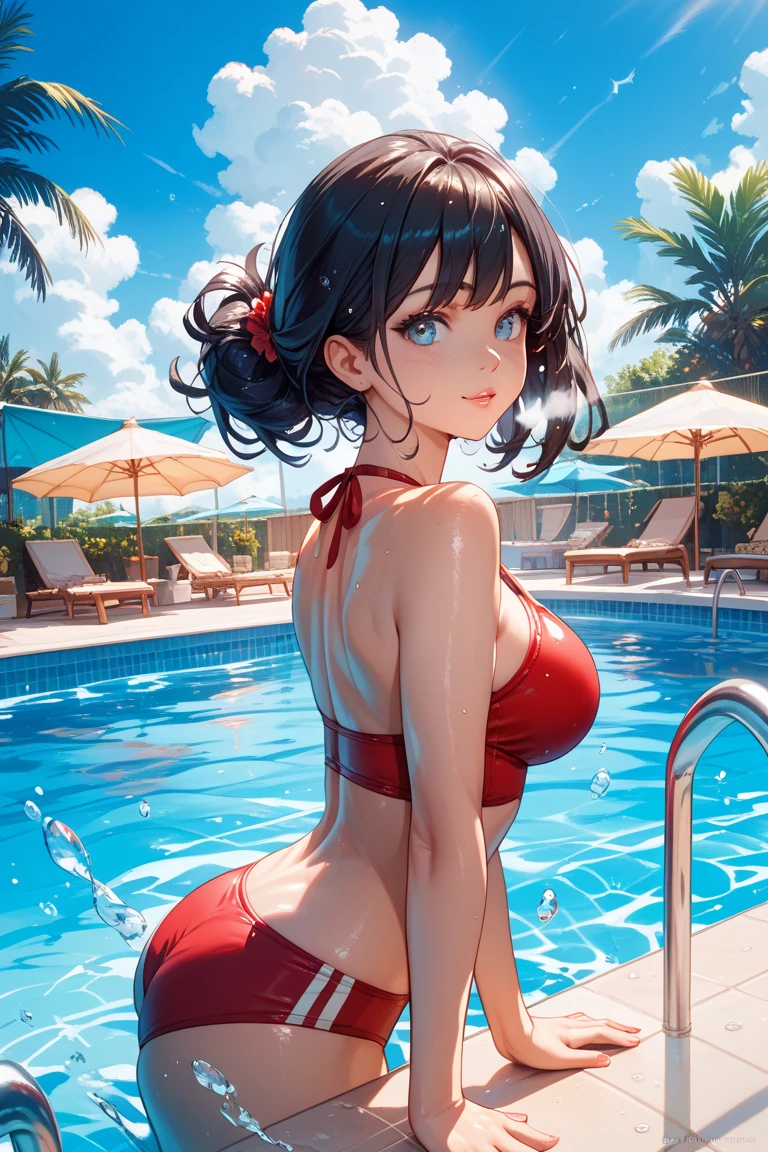  ((Master quality, 8K, masterpiece:1.3, ultra-detailed, high resolution, RAW Photos, detailed , blurry, Actual, hyper realistic, photo, HDR)), BREAK, Anatomically perfect, perfect hands, perfect legs, perfect feet, detailed eyes, BREAK, One person alone, kawakami sadayo, BREAK, beautiful face, beautiful detailed eyes, ((( ,  lying on back, floating in a pool, ))), , ( Round and Stacked Breasts,  ), Cleavage, , (((blush, seductive smile ))), Sweat-soaked skin, BREAK, wearing(, chest sarashi:2.5 only , Loincloth  fundoshi,, Soaking  Wet:1.5, ), , Graffiti art, BREAK, ( Random Angle, full-body, ), dynamic angle, , background(Realistic , cinematic lighting, depth of field, , Tropical hotel Pool atmosphere,, sunset, sunset reflected on the water , light particles)