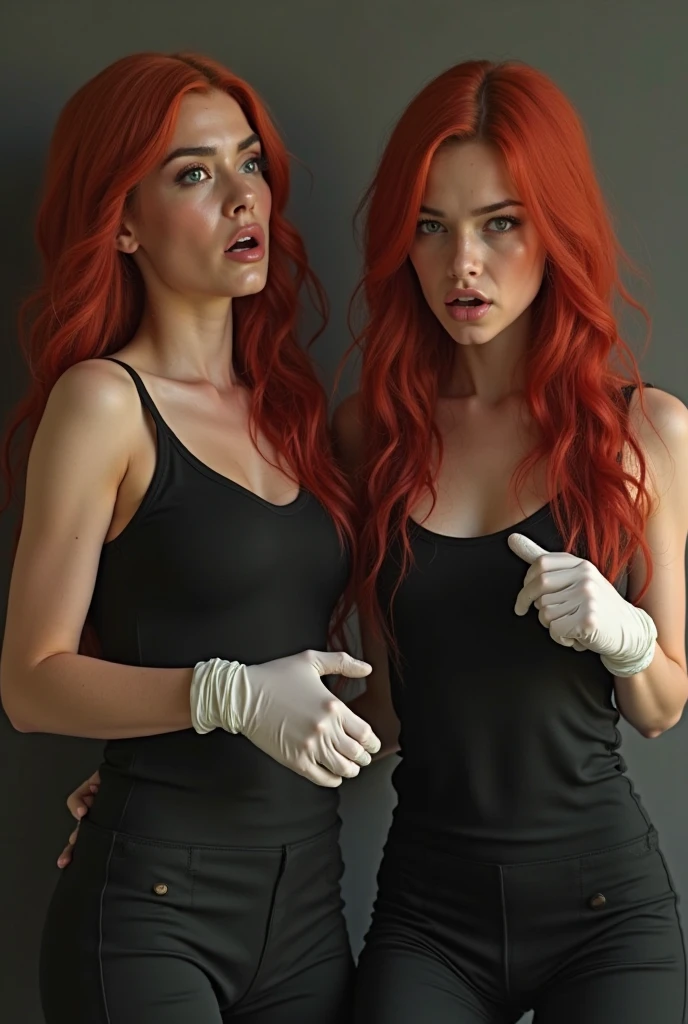 2 famme qui porte une perruque de cheveux roux  Lons et qui porte des gants blan en cuir et Lons avec masque et qui porte une tenue moulante en cuir blanc avec des pistolet dans un coffre ouvert avec dedans bauecou argent 