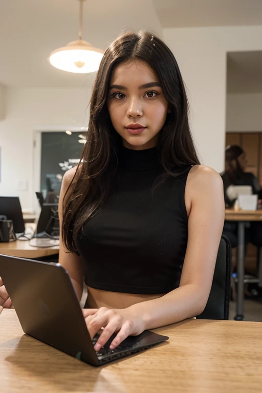 beautifull eurasian girl, 23 years old, working on computer at the office